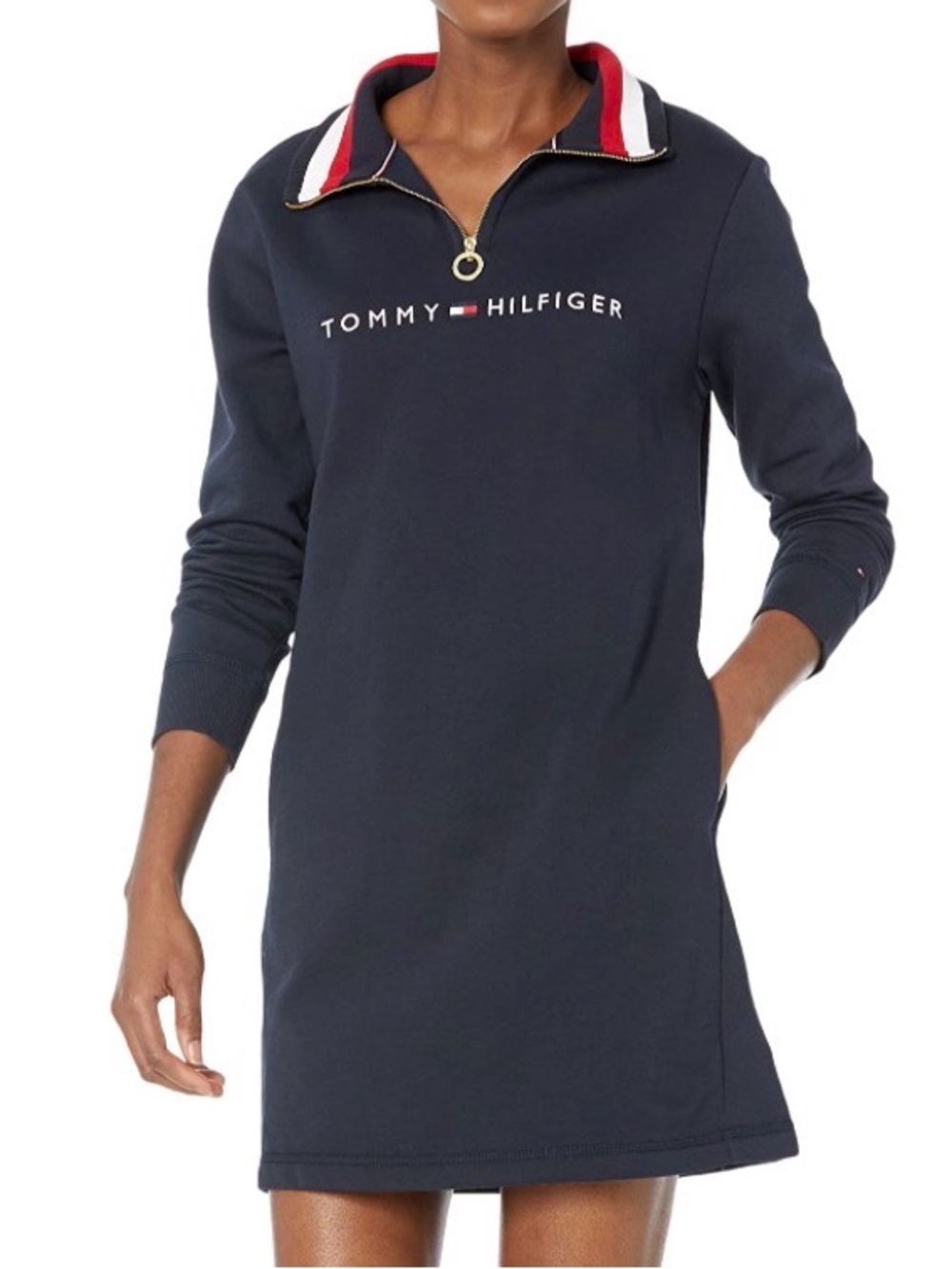 Tommy Hilfiger Logo Sweater Dress Adaptive Mock Neck Extended Zipper Pull Navy